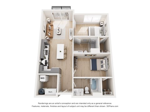 Floor plan for 2 beds, 2 baths, 1142 sqft